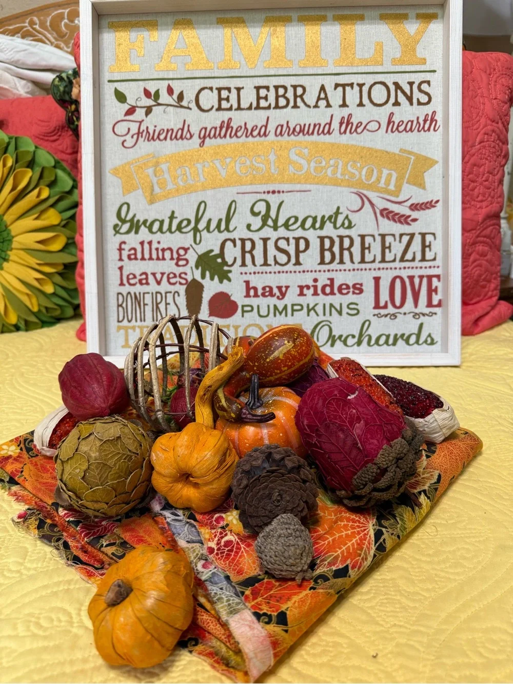 Autumn Harvest Decorative Picture Fall Fabric with Mini Pumpkins Lot